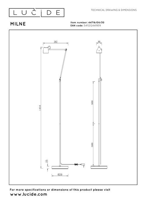 Lucide MILNE - Lampadaire - LED Dim. - 1x8W 2700K - Noir - technique